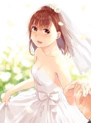 Rule 34 | 1girl, backlighting, bad id, bad pixiv id, bare arms, bare shoulders, blurry, blurry background, blurry foreground, blush, bow, breasts, bridal veil, brown eyes, brown hair, commentary request, day, depth of field, dress, flower, hair flower, hair ornament, happy, highres, holding hands, lips, long dress, looking at viewer, medium hair, mikemaru (kamijou6349), misaka mikoto, open mouth, out of frame, outdoors, partial commentary, petals, pov, skirt hold, small breasts, smile, standing, strapless, strapless dress, tearing up, toaru kagaku no railgun, toaru majutsu no index, veil, wedding dress, white bow, white dress
