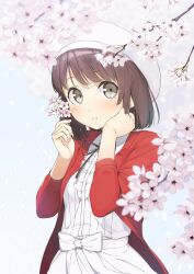 Rule 34 | 1girl, beret, blush, branch, brown hair, cherry blossoms, commentary request, dress, grey eyes, hat, highres, jacket, katou megumi, looking at viewer, open clothes, open jacket, outdoors, parted lips, red jacket, saenai heroine no sodatekata, short hair, smile, solo, tsubure manjuu, white dress, white hat