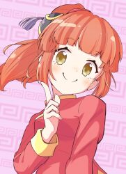 Rule 34 | 1girl, arle nadja, blunt bangs, brown eyes, bun cover, china dress, chinese clothes, closed mouth, cosplay, dress, gintama, highres, index finger raised, jazz grace, kagura (gintama), kagura (gintama) (cosplay), long hair, long sleeves, looking at viewer, official alternate costume, pink background, ponytail, puyopuyo, puyopuyo quest, red dress, smile, solo, split mouth, upper body