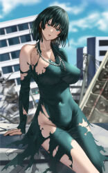 Rule 34 | 1girl, bead necklace, beads, black hair, blue sky, blunt bangs, blurry, blurry background, bob cut, breasts, building, collarbone, commentary request, covered navel, day, dress, fubuki (one-punch man), fuooooo, green eyes, groin, head tilt, highres, jewelry, large breasts, looking at viewer, necklace, one-punch man, outdoors, paid reward available, parted lips, rubble, short hair, single bare shoulder, sitting, sky, solo, taut clothes, taut dress, thighs, torn clothes, torn dress, variant set