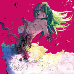 Rule 34 | 1girl, ahegao, amputee, blood, breasts, covering one eye, deep wound, dress, entrails, green hair, guro, hair over one eye, injury, large breasts, long hair, mahito (tranjistor), nipples, open mouth, organs, pink background, ponytail, solo, tongue, tongue out, topless, wedding dress, yurikawa saki, zombie, zombie-ya reiko