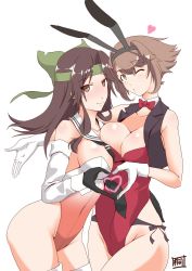 Rule 34 | 2girls, adapted costume, animal ears, artist logo, black gloves, black neckwear, black vest, bow, bowtie, breasts, brown eyes, brown hair, cleavage, collarbone, cowboy shot, detached collar, detached sleeves, fake animal ears, forehead protector, gloves, green eyes, hachimaki, hair intakes, headband, headgear, heart, heart hands, heart hands duo, highres, jintsuu (kancolle), kantai collection, kiriki haruomi, large breasts, leotard, long hair, looking at viewer, multiple girls, mutsu (kancolle), neckerchief, orange leotard, playboy bunny, playboy bunny, rabbit ears, rabbit tail, red leotard, red neckwear, remodel (kantai collection), short hair, simple background, strapless, strapless leotard, tail, thighhighs, vest, white background, white gloves