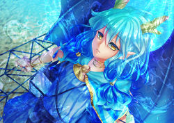 Rule 34 | 1girl, blue hair, bracelet, cape, dragline, dragon girl, dragon horns, dragon wings, hair between eyes, highres, horns, jewelry, low twintails, medium hair, miginohito mitsuru, necklace, ole tower, solo, twintails, underwater, wavy hair, wings, yellow eyes