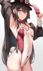 Rule 34 | 1girl, absurdres, alternate costume, animal ears, arm up, armpits, black hat, black sweater, blush, breasts, brown hair, closed mouth, covered navel, cowboy shot, detached collar, dick-o-meter, flower-shaped pupils, genshin impact, groin, hair between eyes, hand on headwear, hat, heart, highres, hu tao (genshin impact), leotard, long hair, looking at viewer, measuring, meme attire, nontraditional playboy bunny, playboy bunny, porkpie hat, pubic tattoo, rabbit ears, red eyes, red leotard, see-through, see-through leotard, side-tie leotard, sidelocks, skai kun, small breasts, solo, sweat, sweater, symbol-shaped pupils, tattoo, translucent bunnysuit, twintails, very long hair, wrist cuffs, zipper