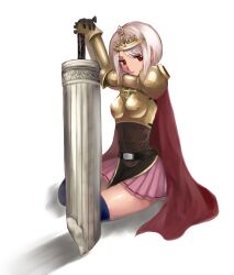 Rule 34 | 1girl, armor, belt, black belt, black gloves, black thighhighs, boobplate, breastplate, cape, closed mouth, commentary request, cross, crown, expressionless, full body, gauntlets, gloves, highres, holding, holding sword, holding weapon, looking at viewer, lord knight (ragnarok online), miniskirt, pauldrons, pink skirt, pleated skirt, ragnarok online, red cape, red eyes, shadow, shiny skin, short hair, shoulder armor, sidelocks, simple background, sitting, skirt, solo, sword, thighhighs, uzuki kouta, weapon, white background, white hair, yokozuwari