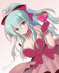 Rule 34 | 1girl, alternate costume, alternate hairstyle, aqua eyes, aqua hair, breasts, candy, chocolate, chocolate heart, choker, cleavage, commentary request, dress, food, frilled choker, frilled dress, frilled gloves, frills, gloves, hair ribbon, heart, highres, kantai collection, long hair, medium breasts, pink gloves, ponytail, ribbon, shizuna kaede, sidelocks, solo, strapless, strapless dress, suzuya (kancolle)