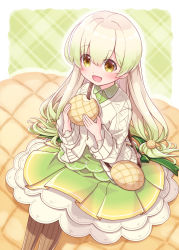 Rule 34 | 1girl, :d, bag, bread, brown eyes, brown pantyhose, collared shirt, commentary request, dress shirt, feet out of frame, food, gradient hair, green eyes, green shirt, green skirt, hair between eyes, harada (sansei rain), highres, holding, holding food, jacket, light brown hair, long hair, looking at viewer, melon bread, multicolored hair, open mouth, original, pantyhose, personification, plaid, plaid background, pleated skirt, shirt, shoulder bag, sitting, skirt, smile, solo, striped clothes, striped pantyhose, vertical-striped clothes, vertical-striped pantyhose, very long hair, white jacket