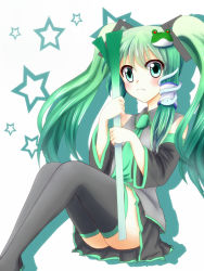 Rule 34 | 1girl, arctic, black thighhighs, blush, boots, cosplay, detached sleeves, female focus, frog hair ornament, green eyes, green hair, hair ornament, hair tubes, hatsune miku, hatsune miku (cosplay), kochiya sanae, long hair, matching hair/eyes, necktie, skirt, snake hair ornament, solo, spring onion, star (symbol), team shanghai alice, thigh boots, thighhighs, touhou, twintails, very long hair, vocaloid, yamaha, zettai ryouiki