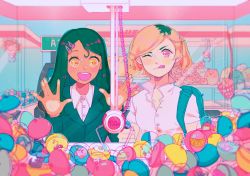 Rule 34 | 2girls, absurdres, black hair, blonde hair, capsule, collared shirt, crane game, dark-skinned female, dark skin, food, fruit, gashapon, hair ornament, hairclip, hands up, hatsune miku, highres, indoors, kirby, kirby (series), long hair, mole, mole under mouth, multicolored hair, multiple girls, nintendo, one eye closed, open mouth, orange (fruit), orange slice, original, pink eyes, popped collar, routexx, shirt, short hair, smile, strawberry, swept bangs, tongue, tongue out, two-tone hair, upper body, vocaloid, white shirt, yellow eyes