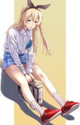 Rule 34 | 1girl, alternate costume, bag, beige background, black hairband, blonde hair, blue skirt, commentary request, dress shirt, full body, grey eyes, hairband, highres, kantai collection, kobamiso (kobalt), long hair, long sleeves, looking at viewer, open mouth, plaid, plaid skirt, red footwear, shadow, shimakaze (kancolle), shirt, shoes, sitting, skirt, sneakers, socks, solo, striped clothes, striped socks, two-tone background, white shirt
