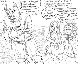 Rule 34 | 1boy, 2girls, :d, armor, bb (baalbuddy), belt, belt pouch, braid, breasts, cleavage, coat, commentary, covered face, crazy eyes, crazy smile, crossed arms, dress, dungeons &amp; dragons, english commentary, english text, freckles, full armor, gauntlets, goggles, goggles around neck, greyscale, helmet, highres, knight, monochrome, multiple girls, open mouth, original, poptepipic, pouch, sash, shortstack, simple background, smile, sword, tabard, twin braids, weapon, white background