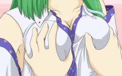 Rule 34 | 1girl, animated, animated gif, armpits, grabbing another&#039;s breast, breasts, cleavage, collarbone, detached sleeves, covered erect nipples, female focus, grabbing, green hair, groping, head out of frame, kochiya sanae, large breasts, long hair, rappa (rappaya), shirt, sleeveless, sleeveless shirt, solo, solo focus, sweat, touhou, upper body, v-neck