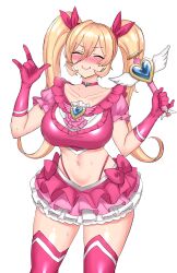 Rule 34 | 1girl, \m/, ^ ^, absurdres, akkgsyk, blonde hair, blush, breasts, choker, closed eyes, frills, gloves, grin, hair between eyes, highres, holding, holding wand, large breasts, long hair, looking at viewer, magical girl, midriff, navel, nijisanji, nui sociere, pink gloves, pink thighhighs, simple background, skirt, smile, solo, sweat, thighhighs, twintails, virtual youtuber, wand, white background, yellow eyes