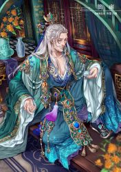 Rule 34 | 1boy, alcohol, beard, blue gemstone, company name, copyright request, facial hair, flower, gem, hair ornament, hair stick, indoors, long hair, mature male, meisai, official art, old, old man, pectorals, sitting, solo, tassel, vase, white hair, wide sleeves