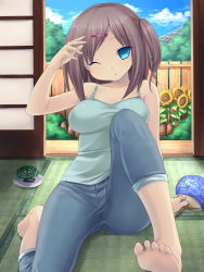 Rule 34 | 1girl, arm up, ass, bare shoulders, barefoot, blue eyes, breasts, brown hair, camisole, capri pants, denim, hand fan, feet, flower, hair ornament, hairclip, indoors, jeans, large breasts, long hair, looking at viewer, mosquito coil, one eye closed, original, pants, paper fan, side ponytail, sitting, soles, solo, sunflower, tatami, tsukumiya amane, uchiwa
