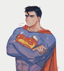 Rule 34 | 1boy, abs, bananakiiwi, bara, black hair, blue bodysuit, blue eyes, bodysuit, cape, clark kent, closed mouth, crossed arms, dc comics, highres, large pectorals, male focus, muscular, muscular male, pectorals, red cape, short hair, simple background, solo, superhero costume, superman, superman (series), upper body