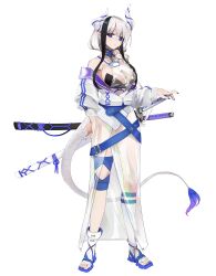 Rule 34 | 1girl, ankle boots, bare shoulders, boots, breasts, closed mouth, fingernails, full body, gg dal, hair over shoulder, highres, horns, jacket, katana, large breasts, long sleeves, looking at viewer, multicolored hair, multiple swords, nail polish, off shoulder, original, purple nails, scabbard, see-through, see-through skirt, sheath, sheathed, single sock, skirt, socks, solo, standing, sword, tail, toeless footwear, transparent leotard, two-tone hair, weapon, white hair, white jacket, white socks