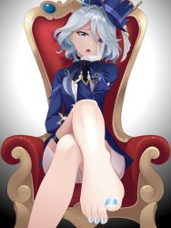 Rule 34 | 1girl, armchair, barefoot, blue eyes, chair, crossed legs, feet, furina (genshin impact), genshin impact, hand on own cheek, hand on own face, highres, looking at viewer, medium hair, open mouth, simple background, sitting, toes, zhai p (39wfox)