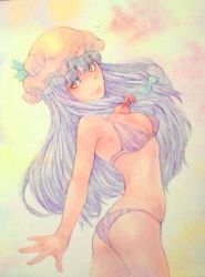 Rule 34 | 1girl, ass, bikini, blue hair, bow, breasts, cleavage, hair bow, hat, highres, light smile, long hair, medium breasts, painting (medium), patchouli knowledge, red eyes, solo, swimsuit, touhou, traditional media, watercolor (medium), yuyu (00365676)