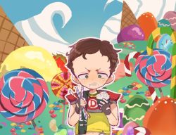 Rule 34 | 1boy, brown hair, candy, candy cane, cupcake, food, freckles, gameplay mechanics, green eyes, ice cream, jelly bean, lollipop, male focus, nojiko (natumag), scott malkinson, short hair, shoulder pads, solo, south park, south park: the fractured but whole, swirl lollipop, symbol-shaped pupils