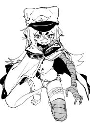 Rule 34 | 1girl, absurdres, aged down, arm wrap, belt, cape, crossed bangs, eds, full body, grin, guilty gear, hair between eyes, hat, highres, leg wrap, long hair, looking at viewer, monochrome, navel, ramlethal valentine, short shorts, shorts, simple background, smile, solo, squatting, star (symbol), thick eyebrows, thigh strap, toeless legwear, toes, white background