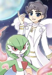 Rule 34 | 2girls, arm at side, arm up, black hair, blue eyes, blue sky, blurry, blurry foreground, blush, bob cut, coat, collarbone, colored skin, cowboy shot, creatures (company), diantha (pokemon), female focus, flat chest, full moon, game freak, gardevoir, gen 3 pokemon, green hair, green skin, hair between eyes, happy, highres, index finger raised, jewelry, jpeg artifacts, light blush, long sleeves, looking at viewer, mega stone, moon, multicolored skin, multiple girls, necklace, night, nintendo, open clothes, open coat, open mouth, outdoors, outline, outstretched arm, petals, pokemon, pokemon (creature), pokemon xy, red eyes, shirt, short hair, short shorts, shorts, sky, smile, standing, star (sky), suzu (pixiv 32232702), swept bangs, two-tone skin, upper body, white coat, white outline, white shirt, white shorts, white skin, white wings, wings