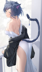 Rule 34 | 1girl, :p, animal ears, ass, bare back, bare shoulders, blue eyes, blue hair, blush, breasts, cat ears, cat tail, dress, facial mark, fur-trimmed jacket, fur trim, highres, jacket, large breasts, looking at viewer, original, pallad, short hair, solo, tail, tail ornament, thighs, tongue, tongue out, white dress
