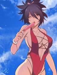 Rule 34 | 1girl, black hair, breasts, brown eyes, casual one-piece swimsuit, cleavage, cross-laced clothes, food, fujibayashi sheena, highleg, highleg swimsuit, large breasts, one-piece swimsuit, popsicle, sideboob, swimsuit, tales of (series), tales of symphonia, tusia