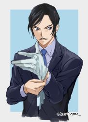 Rule 34 | 1boy, black hair, black jacket, black suit, blue background, blue eyes, blue necktie, border, closed mouth, collared shirt, commentary request, cropped torso, facial hair, formal, gloves, grey gloves, holding, holding clothes, holding gloves, indesign, jacket, long sleeves, looking at viewer, male focus, meitantei conan, morofushi takaaki, mustache, necktie, outside border, purple shirt, putting on gloves, shirt, short hair, signature, single glove, solo, suit, upper body, white border