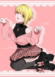 Rule 34 | 1girl, ankle ribbon, bare shoulders, belt, black belt, black footwear, black shirt, black socks, black thighhighs, blonde hair, blush, breasts, chain, choker, collarbone, earrings, fishnet pantyhose, fishnets, from side, full body, green eyes, hands up, heart, heart choker, highres, idolmaster, idolmaster cinderella girls, idolmaster cinderella girls starlight stage, jewelry, kneeling, leg ribbon, long sleeves, looking at viewer, maou (demonlord), medium breasts, miyamoto frederica, multiple girls, necklace, off-shoulder sweater, off shoulder, open mouth, pantyhose, paw pose, pink background, pink ribbon, pink skirt, pink sweater, plaid, plaid skirt, platform footwear, pleated skirt, ribbon, shirt, short hair, silhouette, skirt, sleeveless, sleeveless shirt, smile, socks, solo, sweater, thighhighs