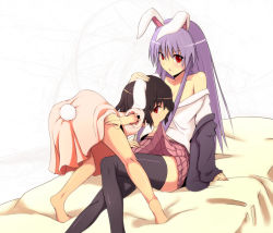 Rule 34 | 2girls, animal ears, arm support, ass, bad id, bad pixiv id, bare shoulders, barefoot, bed, bent over, black hair, black thighhighs, clothes lift, female focus, fumei (mugendai), inaba tewi, kneepits, looking back, mouth hold, multiple girls, off shoulder, purple hair, rabbit ears, rabbit girl, rabbit tail, red eyes, reisen udongein inaba, sitting, skirt, skirt lift, tail, thighhighs, touhou, yuri, zettai ryouiki