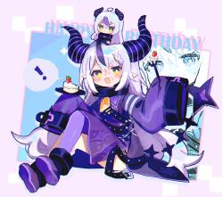 Rule 34 | !, asymmetrical legwear, belt, birthday, birthday cake, blush, braid, cake, cake slice, commentary, demon horns, demon tail, english commentary, english text, food, fork, highres, holding, holding fork, holding plate, hololive, holox, horns, la+ darknesss, la+ darknesss (1st costume), long hair, mismatched legwear, multicolored hair, neckerchief, no pants, object on head, open mouth, plate, pointy ears, purple foot, purple hair, purple horns, purple shirt, purple tail, purple thighhighs, sharp teeth, shirt, shouu-kun, sidelocks, sleeves past fingers, sleeves past wrists, streaked hair, stuffed toy, tagme, tail, teeth, thighhighs, very long hair, virtual youtuber, white shirt, yellow eyes, yellow neckerchief
