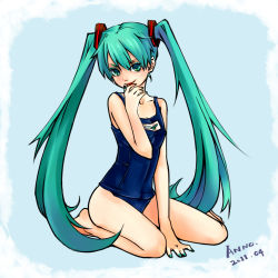 Rule 34 | 1girl, annolymous, bad id, bad pixiv id, dated, eyeshadow, green eyes, green hair, hatsune miku, licking, licking finger, long hair, makeup, matching hair/eyes, nail polish, one-piece swimsuit, school swimsuit, sitting, solo, swimsuit, twintails, very long hair, vocaloid, wariza