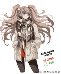 Rule 34 | 1girl, alternate costume, bear hair ornament, black pantyhose, brown jacket, brown scarf, brown sweater, collarbone, criis-chan, cropped legs, danganronpa: trigger happy havoc, danganronpa (series), english text, enoshima junko, grey eyes, hair ornament, hand in pocket, hand up, hands in pockets, jacket, like and retweet, long hair, long sleeves, meme, miniskirt, multicolored clothes, multicolored scarf, nail polish, open clothes, open jacket, pantyhose, parted lips, plaid, plaid scarf, red nails, red skirt, scarf, simple background, skirt, sleeves past wrists, smile, solo, sweater, sweater tucked in, twintails, twitter strip game (meme), twitter username, white background