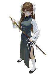 Rule 34 | 1girl, artist name, blue dress, blue footwear, china dress, chinese clothes, closed mouth, commentary, dress, earrings, eyeball bracelet girl (fkey), fkey, hair ribbon, highres, holding, holding sword, holding weapon, jewelry, jian (weapon), long dress, long hair, long sleeves, mole, mole under eye, original, ribbon, side slit, socks, solo, sword, weapon, white socks, wide sleeves, yin yang, yin yang earrings