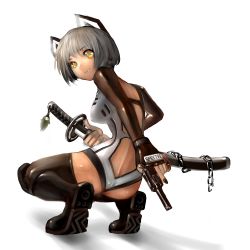 Rule 34 | 1girl, akubi (fyfy), animal ears, bad id, bad pixiv id, blue eyes, boots, call of duty, call of duty: black ops, chain, dark-skinned female, dark skin, fang, from behind, grey hair, gun, handgun, katana, kneeling, looking at viewer, looking back, md5 mismatch, multicolored eyes, nail polish, personification, revolver, scabbard, sheath, short hair, solo, squatting, sword, thighhighs, trigger discipline, unsheathing, weapon, yellow eyes