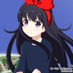 Rule 34 | 10s, 1980s (style), 1girl, 2016, akatsuki (kancolle), artist name, black dress, blue shirt, blue sky, bow, building, collarbone, cosplay, dated, day, dress, eyebrows, flying, hair bow, hairband, house, kantai collection, kiki (majo no takkyuubin), kiki (majo no takkyuubin) (cosplay), long hair, looking at viewer, majo no takkyuubin, mitya, oldschool, outdoors, purple eyes, red bow, retro artstyle, shirt, short sleeves, sky, solo, tareme, very long hair