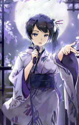 Rule 34 | 10s, 1girl, alternate costume, black hair, flower, full moon, hair ornament, japanese clothes, kaga (kancolle), kantai collection, kimono, md5 mismatch, microphone, moon, music, night, open mouth, purple eyes, side ponytail, singing, solo, spark (sandro)