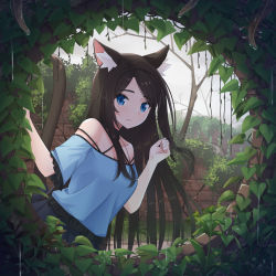 Rule 34 | 1girl, :|, aina (mao lian), animal ear fluff, animal ears, bare shoulders, black hair, blouse, blue eyes, blue shirt, breasts, brick, cat ears, cat tail, choker, closed mouth, frills, hands up, highres, hole in wall, ivy, long hair, looking at viewer, mao lian (nekokao), medium breasts, off shoulder, original, parted bangs, plant, shirt, skirt, solo, spaghetti strap, swept bangs, tail, very long hair