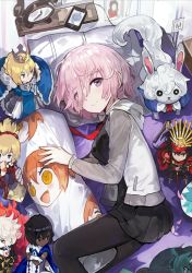 Rule 34 | 1girl, alchemaniac, arjuna (fate), artoria pendragon (all), artoria pendragon (fate), bed, black dress, black pantyhose, cardigan, character doll, dakimakura (object), dress, fate/grand order, fate (series), fou (fate), from above, hair between eyes, highres, indoors, karna (fate), looking at viewer, lying, mash kyrielight, mordred (fate), mordred (fate/apocrypha), necktie, oda nobunaga (fate), oda nobunaga (koha-ace), on side, open cardigan, open clothes, pantyhose, pillow, pink hair, pleated dress, purple eyes, red necktie, saber (fate), short dress, short hair, smile, solo, sweater
