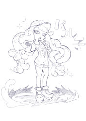 Rule 34 | 1girl, absurdres, afuron, baseball cap, blunt bangs, boots, bracelet, character name, drooling, dust, female focus, fish, flat chest, greyscale, hair tie, hand on own cheek, hand on own face, hands up, harmony&#039;s clownfish (splatoon), harmony (splatoon), hat, highres, index finger raised, japanese text, jewelry, legs, long hair, looking at viewer, low-tied long hair, miniskirt, monochrome, nintendo, open mouth, pleated skirt, ringed eyes, shirt, short sleeves, sidelocks, simple background, sketch, skirt, solo focus, sparkle, splatoon (series), splatoon 3, striped clothes, striped headwear, tentacle hair, tentacles, thighs, translated, very long hair, white background