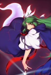 Rule 34 | 1girl, cape, commentary, eyebrows, ghost tail, green eyes, green hair, hat, highly responsive to prayers, holding, holding weapon, kaiza (rider000), knife, long hair, looking at viewer, looking to the side, matching hair/eyes, mima (touhou), smile, solo, touhou, touhou (pc-98), weapon, witch hat, wizard hat