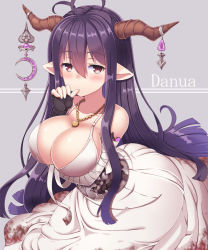 Rule 34 | 10s, 1girl, antenna hair, bad id, bad pixiv id, bandages, bare shoulders, blood, blood on clothes, bloody dress, blush, breasts, character name, cleavage, danua, draph, dress, granblue fantasy, horns, large breasts, long hair, pointy ears, purple hair, red eyes, simple background, solo, striped, striped background, thumb sucking, white dress, yuzu-aki