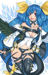 Rule 34 | 1girl, absurdres, asymmetrical wings, bare shoulders, belt, belt buckle, black panties, black thighhighs, blue hair, blue nails, bow, breasts, buckle, chest belt, choker, cleavage, collarbone, detached sleeves, dizzy (guilty gear), gluteal fold, guilty gear, guilty gear xrd, hair ribbon, hand on own chest, highres, its just suppi, large breasts, long hair, monster girl, multiple belts, nail polish, open mouth, panties, red eyes, ribbon, skindentation, solo, tail, tail bow, tail ornament, tail ribbon, thigh strap, thighhighs, twintails, underwear, very long hair, wide sleeves, wings, yellow bow, yellow ribbon