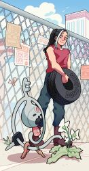 Rule 34 | 1girl, black hair, black pants, boots, brown footwear, building, chain-link fence, closed mouth, cloud, commentary, commission, creatures (company), day, english commentary, fence, flower, full body, game freak, gen 6 pokemon, half-closed eyes, highres, holding, key, klefki, long hair, looking at another, magicact, mole, mole above mouth, multicolored hair, nintendo, original, outdoors, pants, plant, pokemon, pokemon (creature), ponytail, red shirt, shirt, silph co., sleeveless, sleeveless shirt, smile, standing, streaked hair, tire