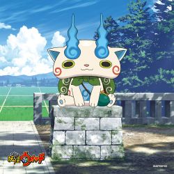 Rule 34 | 10s, :3, artist request, blue sky, cloud, coin purse, company name, copyright name, day, furoshiki, highres, horizon, komasan, looking at viewer, no humans, official art, outdoors, pavement, running bond, sitting, sky, solo, tree, traditional youkai, youkai watch, youkai watch 2