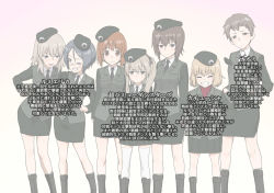 Rule 34 | 10s, 6+girls, adapted costume, arm around shoulder, arms behind back, beret, black footwear, black hat, black jacket, black necktie, black ribbon, black skirt, blonde hair, blue eyes, boots, brown eyes, brown hair, closed eyes, closed mouth, commentary request, dress shirt, emblem, girls und panzer, glasses, grey hair, grin, hair ribbon, hands in pockets, hands on own hips, hat, itsumi erika, jacket, japanese tankery league (emblem), katyusha (girls und panzer), light brown hair, light smile, long hair, long sleeves, looking at another, looking at viewer, military, military hat, military uniform, miniskirt, multiple girls, naomi (girls und panzer), necktie, nishizumi maho, nishizumi miho, one eye closed, open mouth, parted lips, pencil skirt, pleated skirt, red shirt, ribbon, round eyewear, rumi (girls und panzer), selection university military uniform, shimada arisu, shirt, short hair, simple background, skirt, sleeves past wrists, smile, standing, sweatdrop, translation request, turtleneck, uniform, very short hair, wata do chinkuru, white background, white shirt