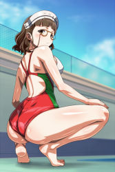 Rule 34 | 10s, 1girl, ass, barefoot, blush, brown eyes, brown hair, competition swimsuit, covered erect nipples, eyewear strap, flag print, glasses, hairband, italian flag, italy, kantai collection, monteriakitto, one-piece swimsuit, pince-nez, print swimsuit, roma (kancolle), short hair, solo, squatting, swimsuit