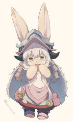 Rule 34 | 1other, animal ears, brown background, brown eyes, full body, furry, grey hair, hair between eyes, hands up, kuromiya, long hair, looking at viewer, made in abyss, nanachi (made in abyss), one-hour drawing challenge, open mouth, pants, simple background, solo, standing, twitter username, very long hair, white pants