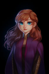 Rule 34 | 1girl, absurdres, anna (frozen), black background, blue eyes, brown hair, commentary, disney, english commentary, expressionless, eyebrows hidden by hair, frozen (disney), frozen ii (disney), hair behind ear, highres, jacket, long hair, looking at viewer, making-of available, nose, purple jacket, solo, theartgun, upper body